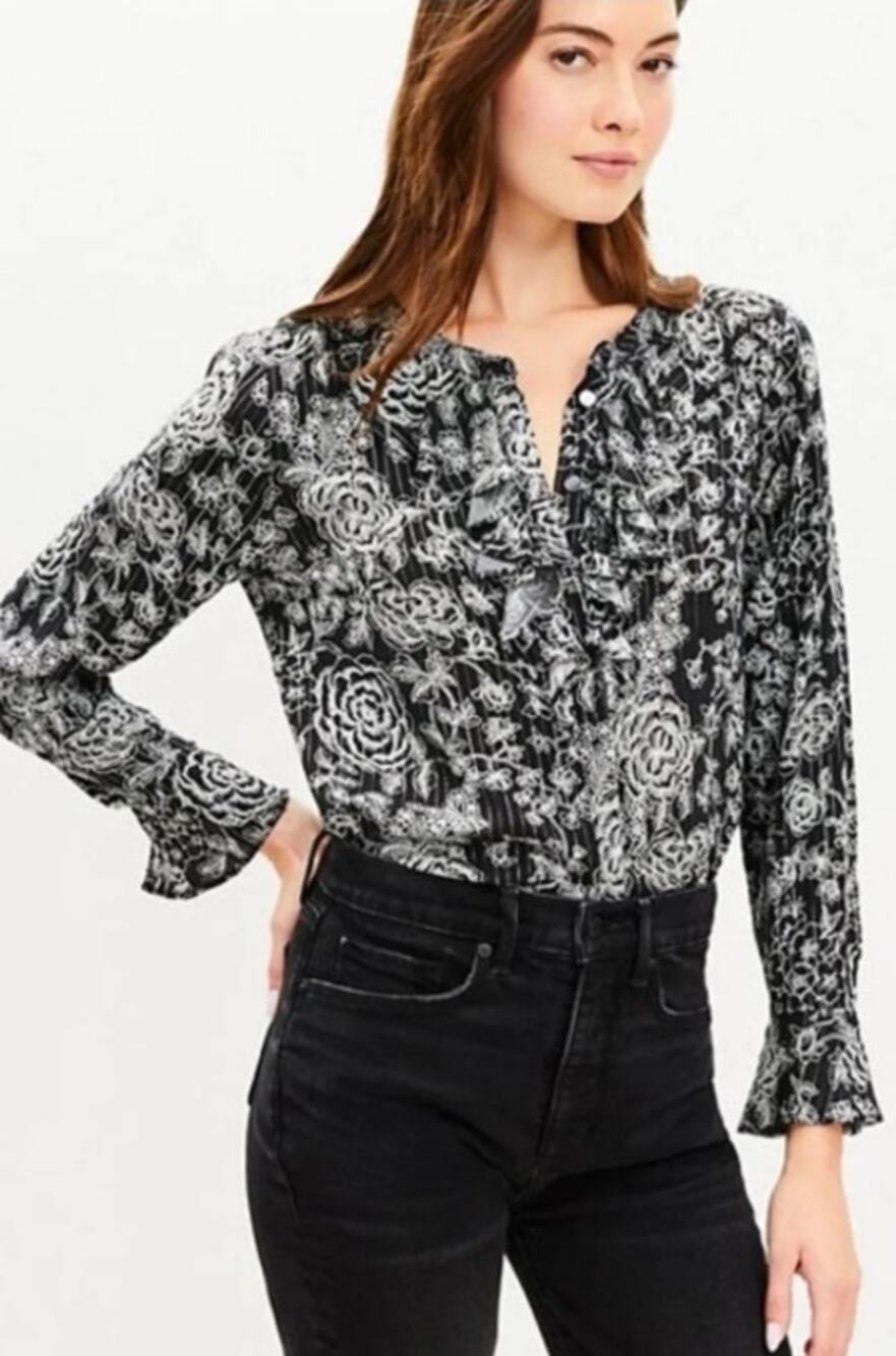 LOFT NEW Black & White Floral Silver Metallic Pinstripe Bell-Slv Blouse Top XL